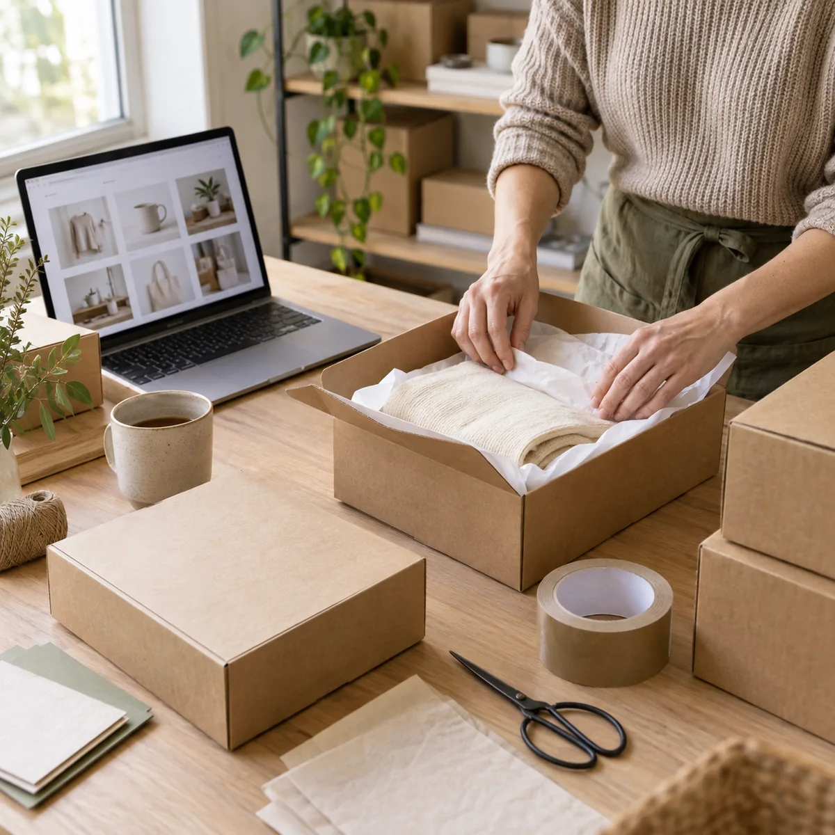 Illustrative online store workspace with a laptop, products, and parcels being prepared for shipping.