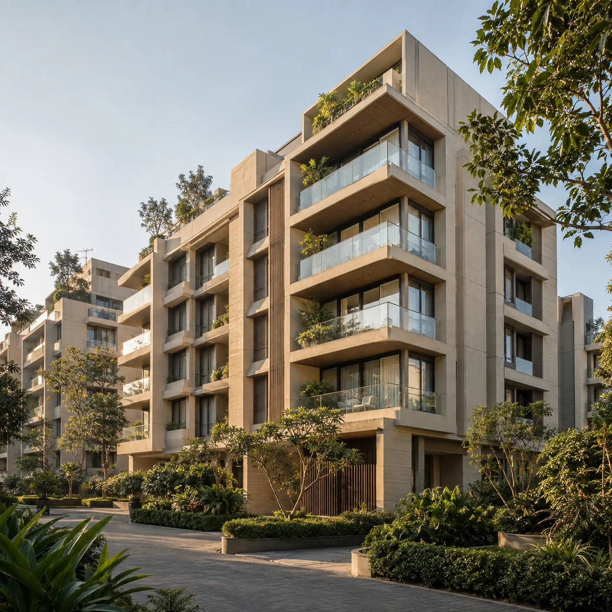 Illustrative residential development with contemporary apartments and landscaped gardens.